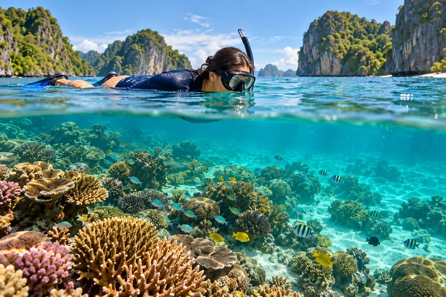 Visual konsep snorkeler di permukaan air di atas terumbu