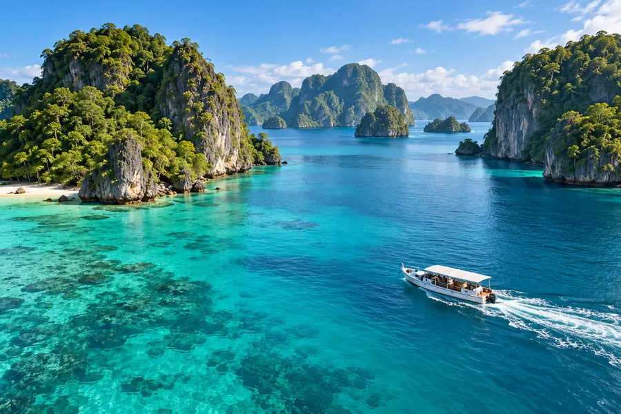 Visual konsep kapal trip melintasi laguna dan pulau karst